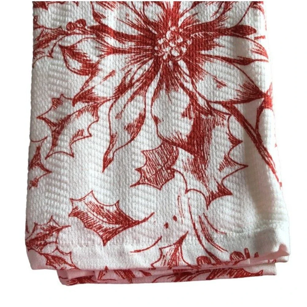 Ralph Lauren Kitchen Dish Towels Set of 2 Floral Christmas Poinsettia Red White